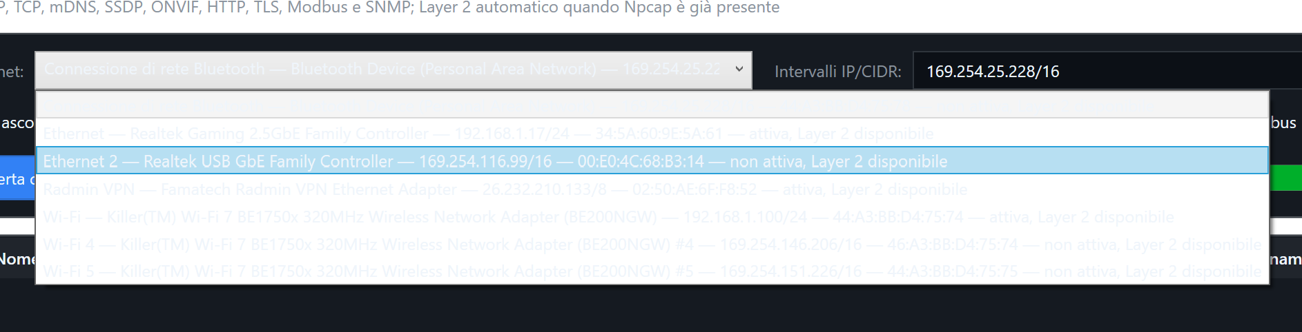 Interfaccia reale di Industrial Network Studio DAPIN
